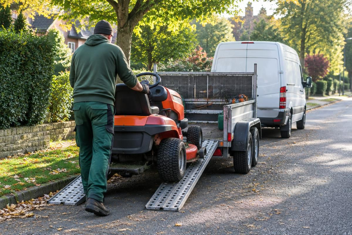 Landscaper unloading a mower from a trailer on a suburban street