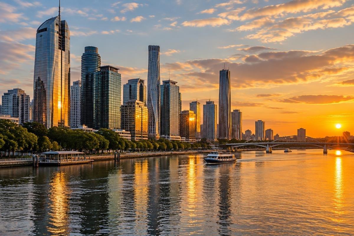 City skyline beside a river at sunset