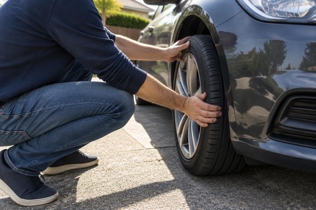 Buyer checking the tyres on a used car
