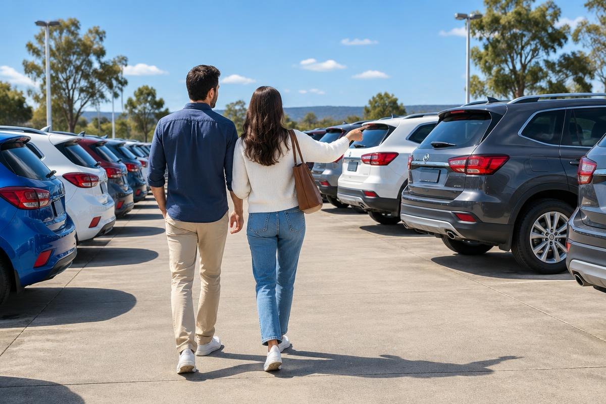 Couple browsing cars in a sunny outdoor car yard