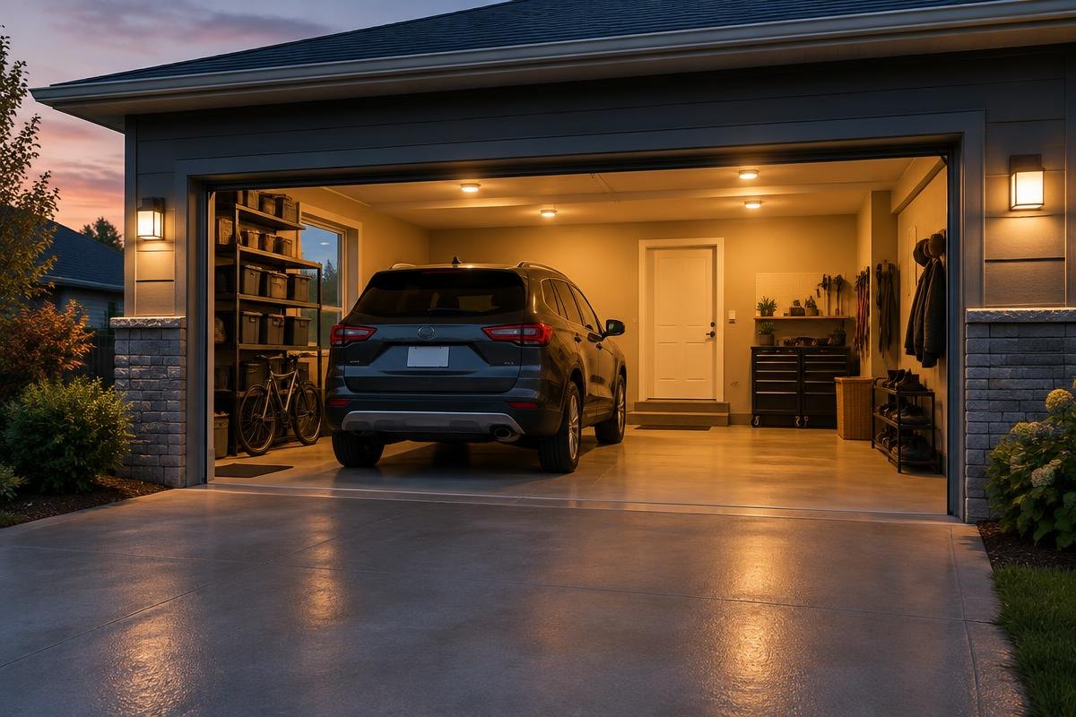 Family SUV parked in a lit home garage at dusk