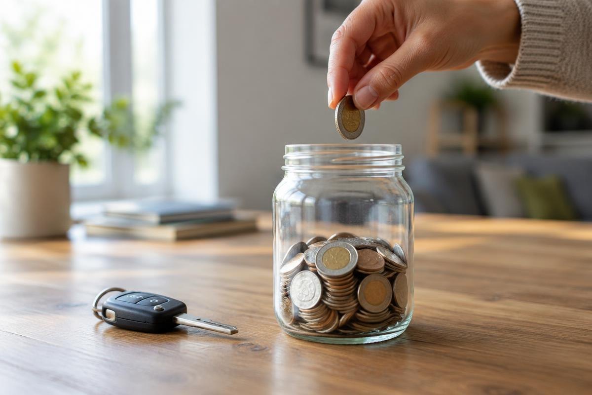 Coins going into a savings jar beside a car key