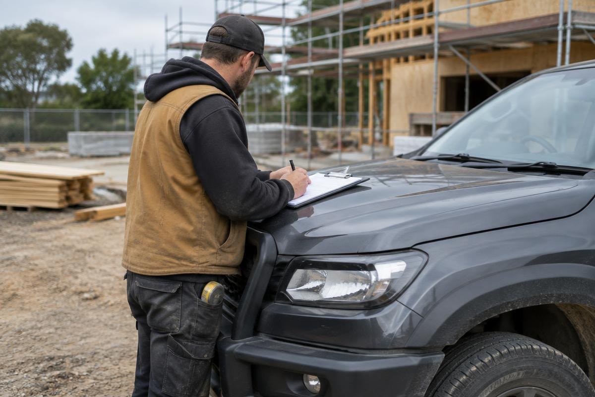Self-employed tradie doing paperwork on the bonnet of a ute