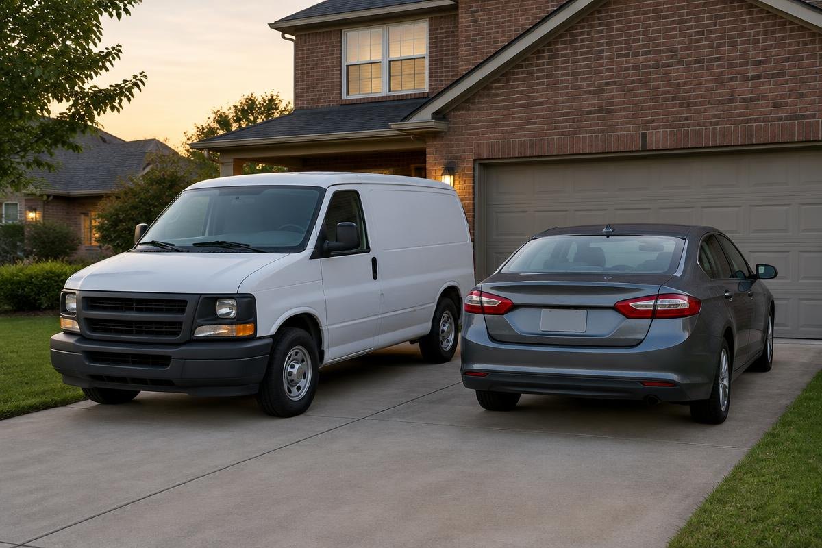 Work van parked beside a family car in a driveway