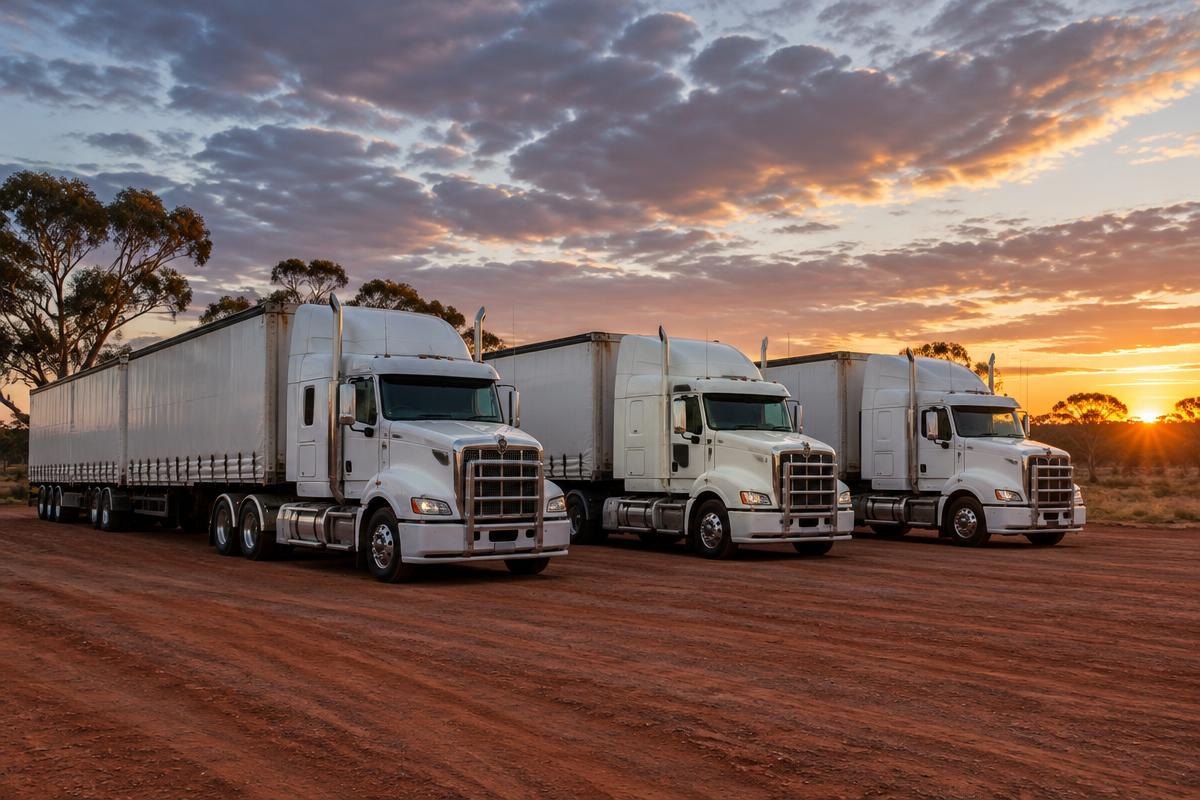 Row of prime movers parked at a transport depot at dawn