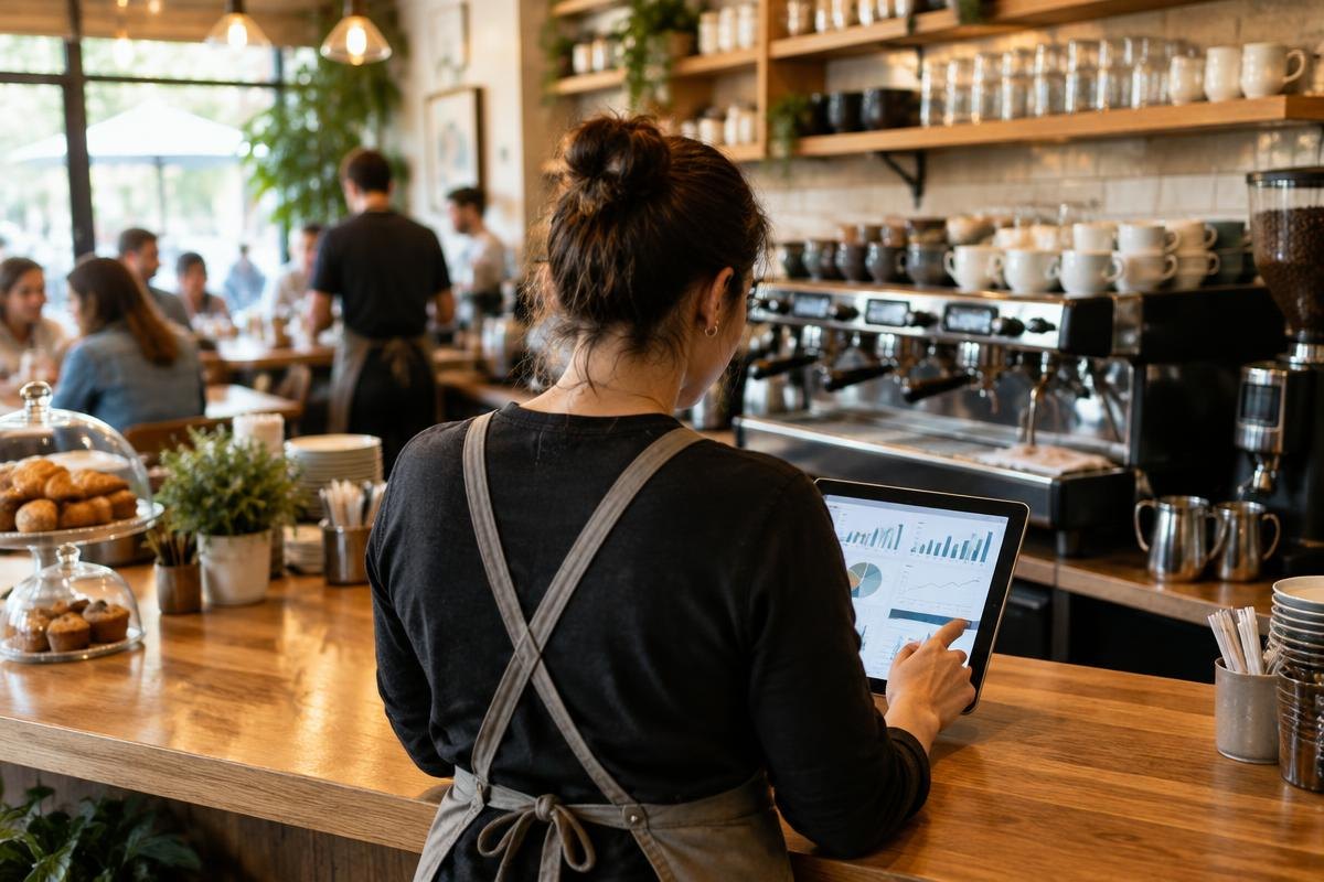 Café owner reviewing finances on a tablet at the counter